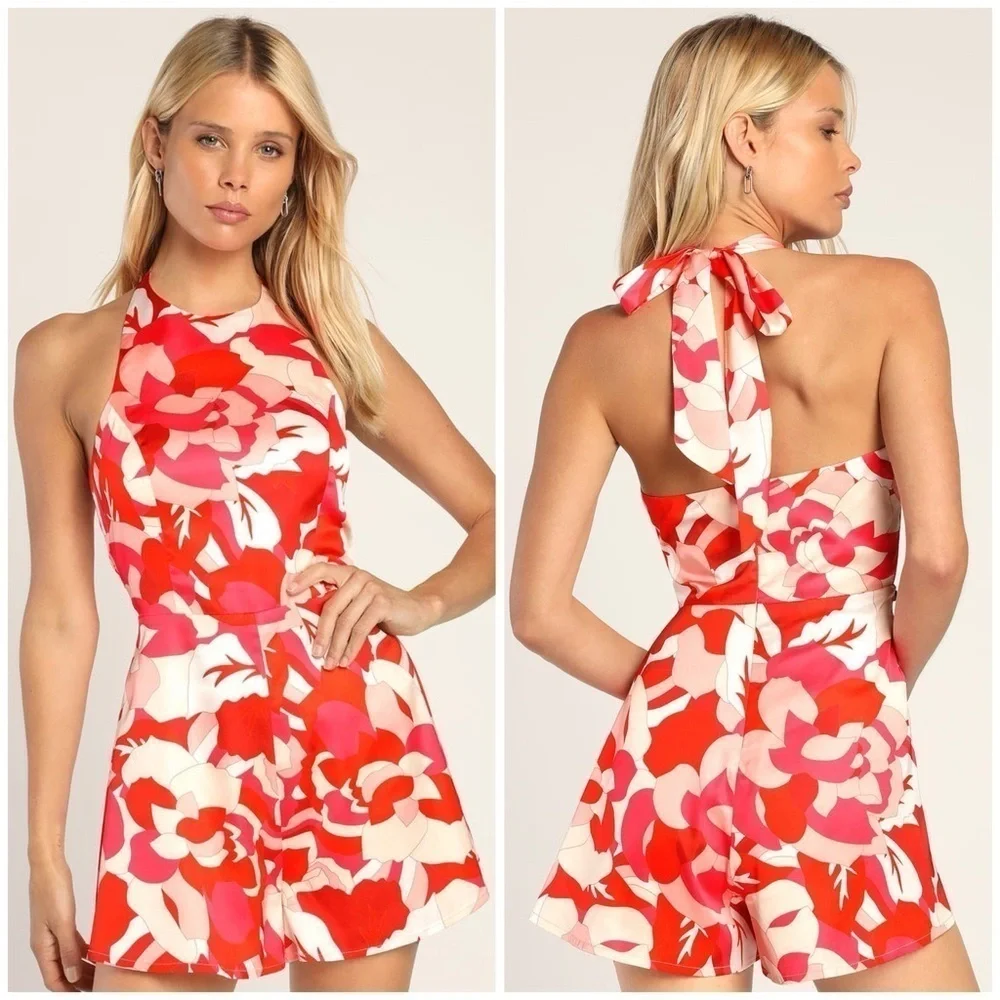 LULU’S Instantly Iconic Red Abstract Print Satin Halter Romper